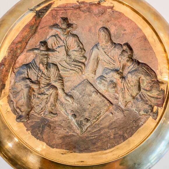 Vintage Oriental “Playing Board Games” Solid Bronze/Brass Decor Charger, 12.5” - Picture 3 of 6